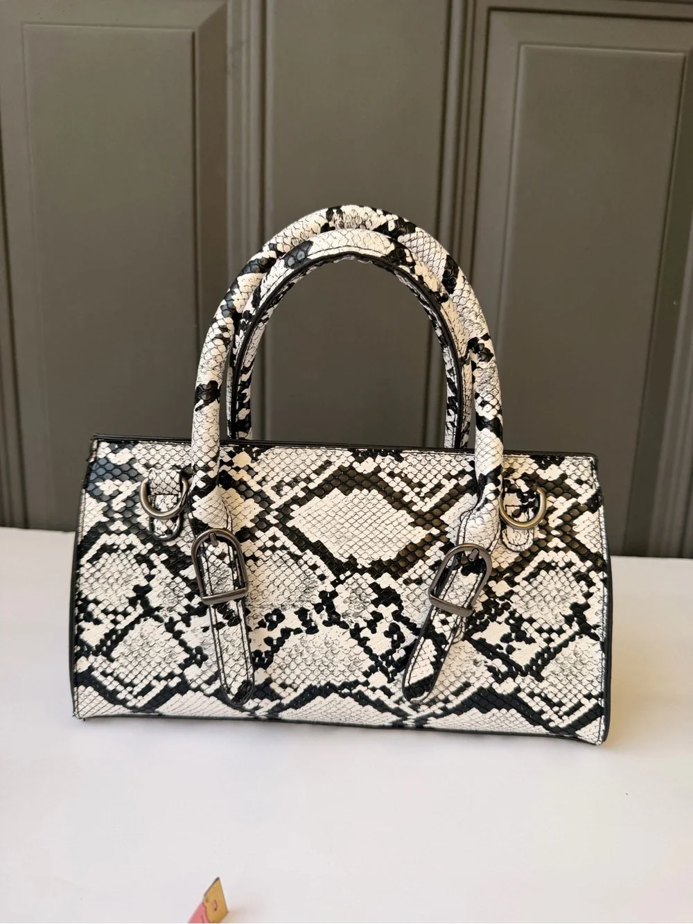 Ed Hardy White & Black Snake-Print Satchel with Charm Accents